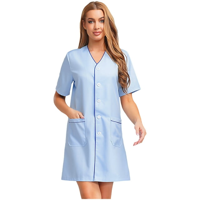 vastwit Robe de Travail à Manches Courtes pour Femmes Longueur Genou Boutonnée pour Usage Quotidien et Occasions Médicales Bleu Clair TG