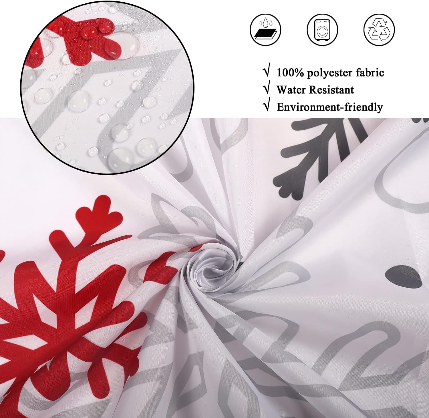 Christmas Shower Curtain, Red and Grey Xmas Snowflake White Background Winter New Year Holiday Bathroom Curtain Waterproof Fabric Machine Washable with Hooks, 72" Wx84 L