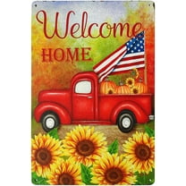 Sunflower Welcome Home Vintage Red Truck Tin Bar Sign Farmhouse Kitchen Wall Country Home Decor for Living Room Bedroom Decoration 8X12Inch