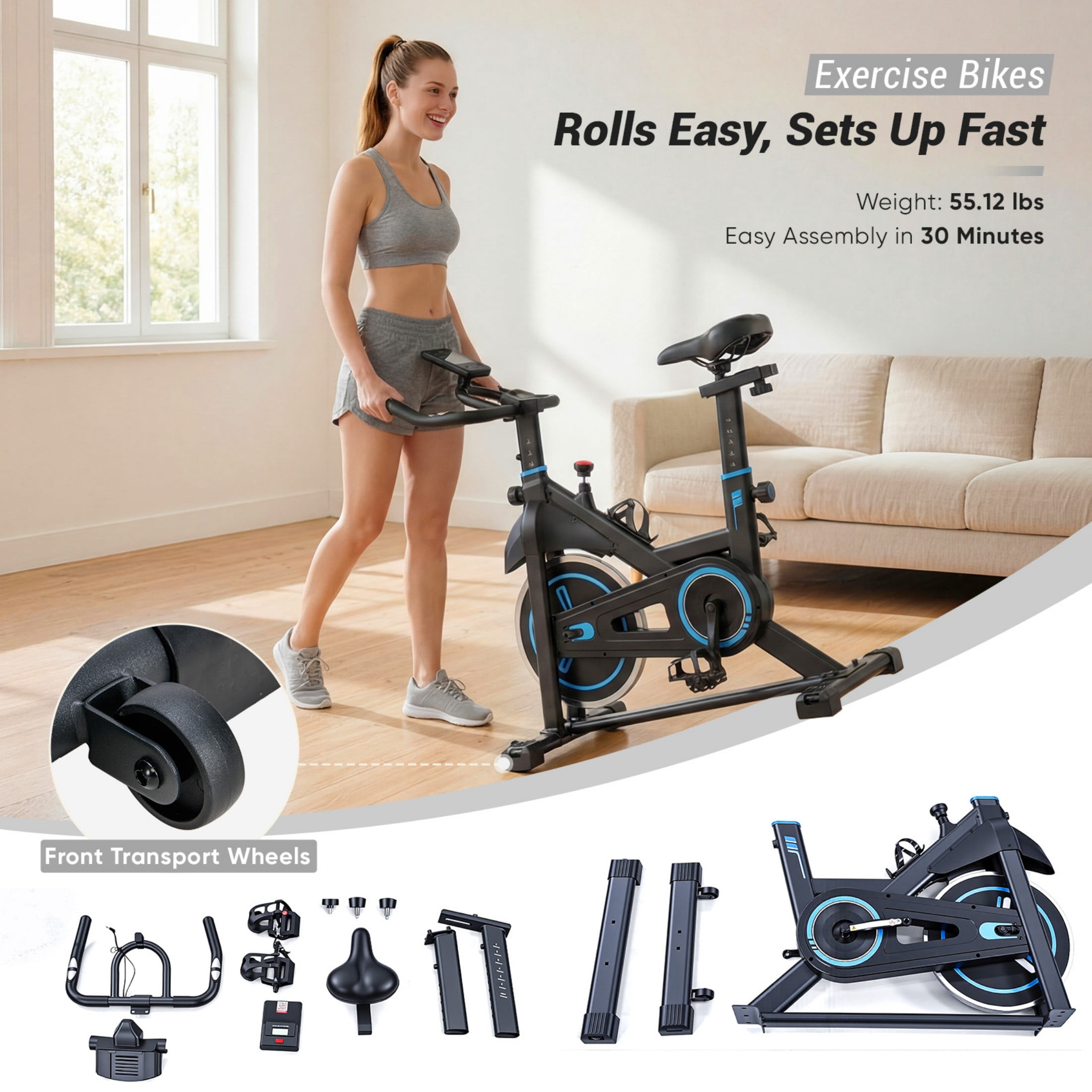 CONCETTA Exercise Bike for Home Gym, Stationary Indoor Cycling Bike, Low Noise Cardio Workout Equipment with Adjustable Resistance, Black Blue