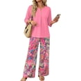 thumbnail image 3 of Tropical Floral Print Two Piece Set for Women, 3/4 Sleeve Button Down Top & Wide Leg Pants - Vacation Resort Wear Lounge Outfit with Straight Leg Trousers Pink XXL, 3 of 7