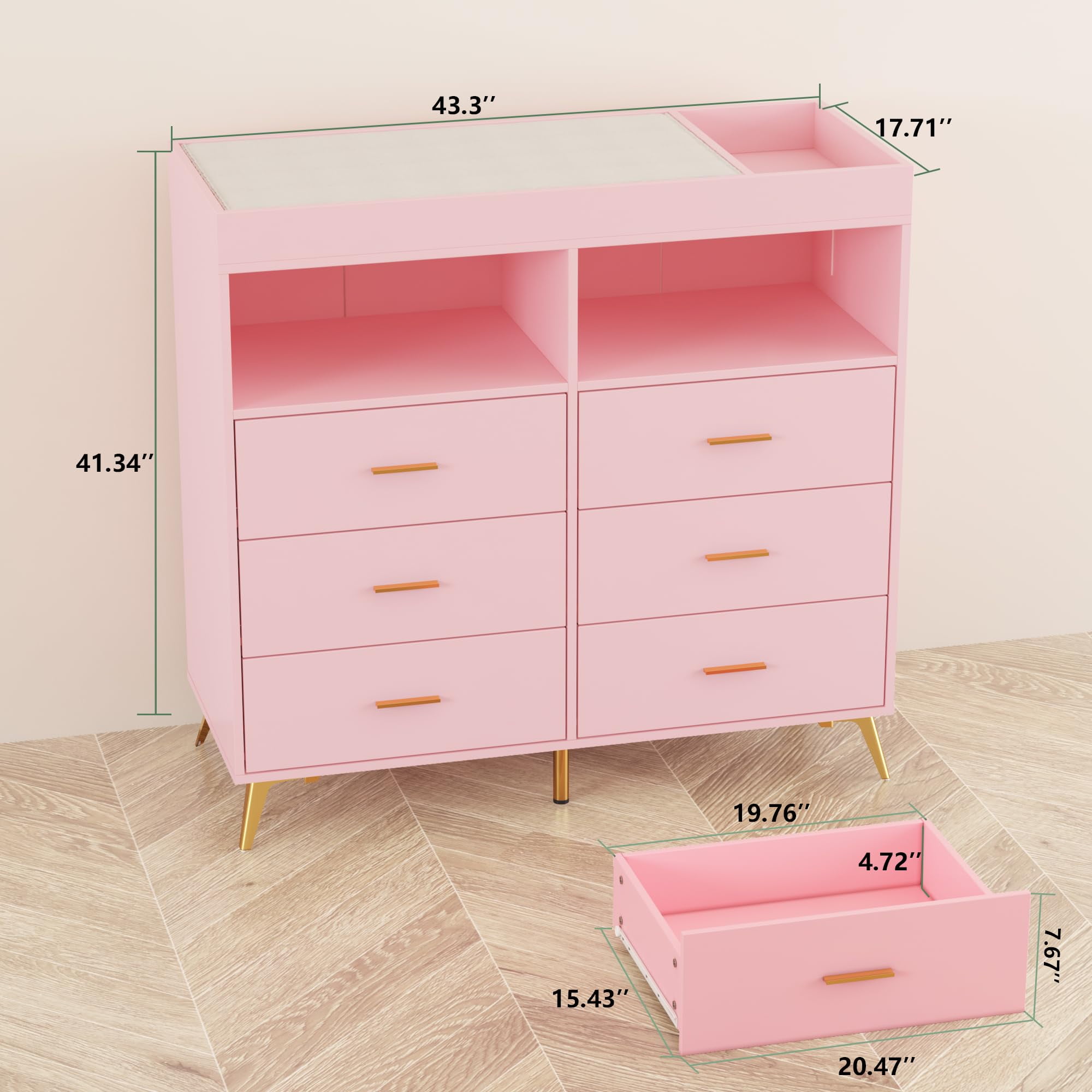 Luku Dresser for Bedroom with LED Lights and Power Outlet, Baby Changing Table Dresser with 6 Drawers, 2 Open Storage Shelves, Baby Dresser with Changing Table Top