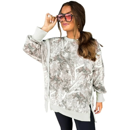 Women s Gray Leafy Camo Sweatshirt - Casual Daily Wear with Exposed Seams [ZhiHiMeRi] | S