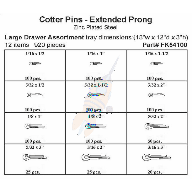 Large Drawer Extended Prong Cotter Pins Zinc