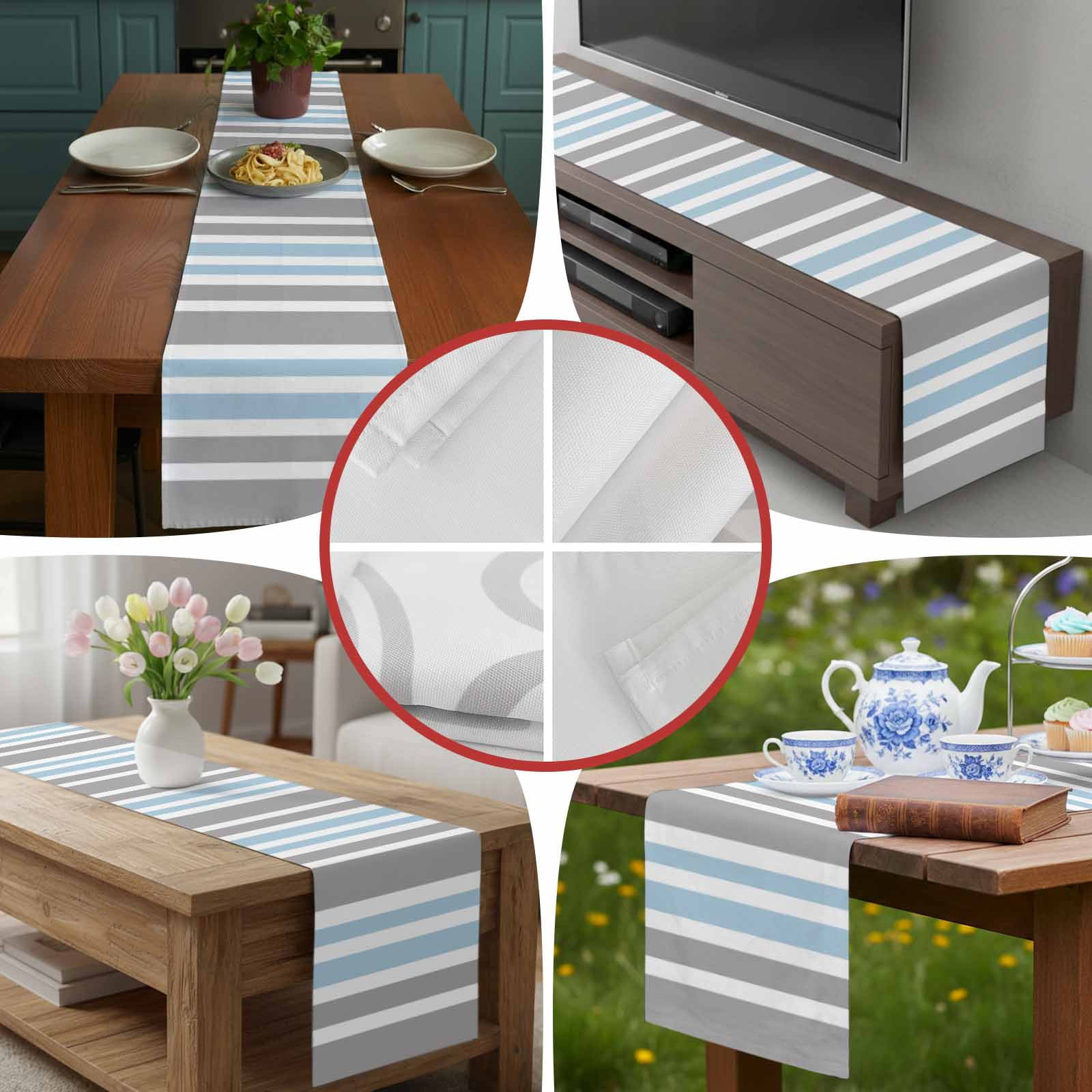 Classic Vertical Stripes Table Runner 90 Inches Long, Grey Blue White Table Runners Tabletop Scarf Kitchen Dining Tables Decoration for Home Party Indoor Outdoor
