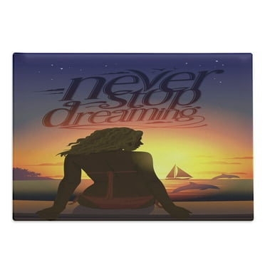 Saying Cutting Board, Never Stop Dreaming Romantic Phrase with Young Woman Sitting by the Beach at Sunset, Decorative Tempered Glass Cutting and Serving Board, Large Size, Multicolor, by Ambesonne