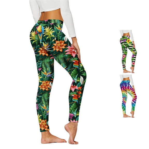 xfsWaSs Leggings for Women Tropical Print High Waisted Yoga Pants Floral/Tie Dye/Striped Workout Leggings Casual Stretch Athletic Bottoms
