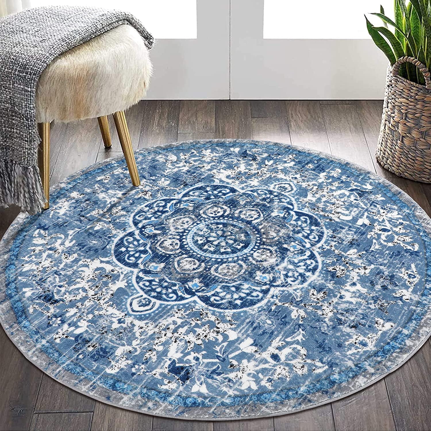 Findosom 4'x4'Round Area Rug,Non Slip Washable Round Rug Boho Area Rug for Living Room,Bedroom,Home Decor,Office,Dining Room, Blue