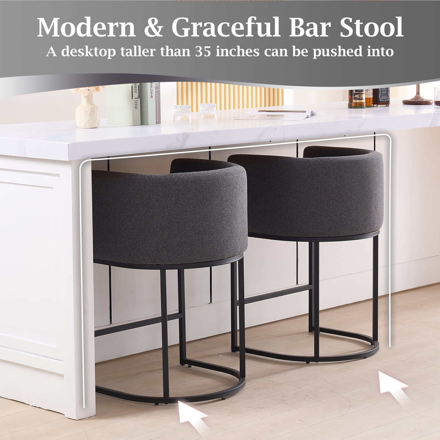 FANCROU 26" H Counter Height Bar Stools Set of 2, Fabric Barrel Stools with Back and Arms, Darkgray-Black Leg