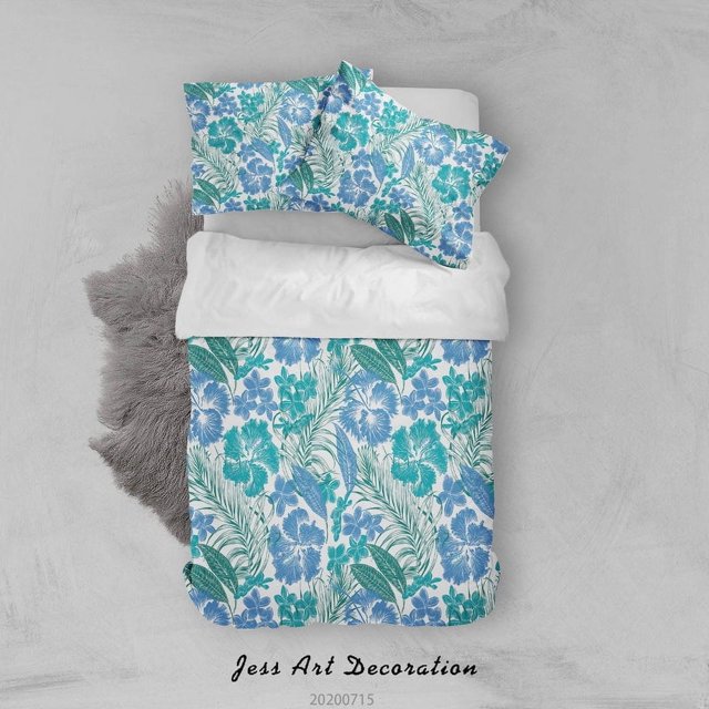 3D Colorido Azul Planta Hojas Floral Patrón Funda de edredón Set Ropa de Cama Set Edredón