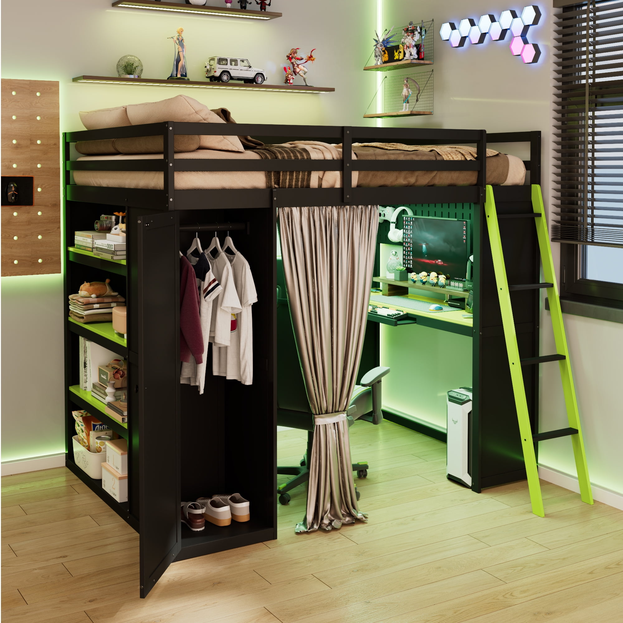 Mintazer Full Size Loft Bed with Wardrobe, Storage Shelves, Desk, Blackout Curtains, Charging Station & Lights Game Bed Frame for Teens, Black & Green