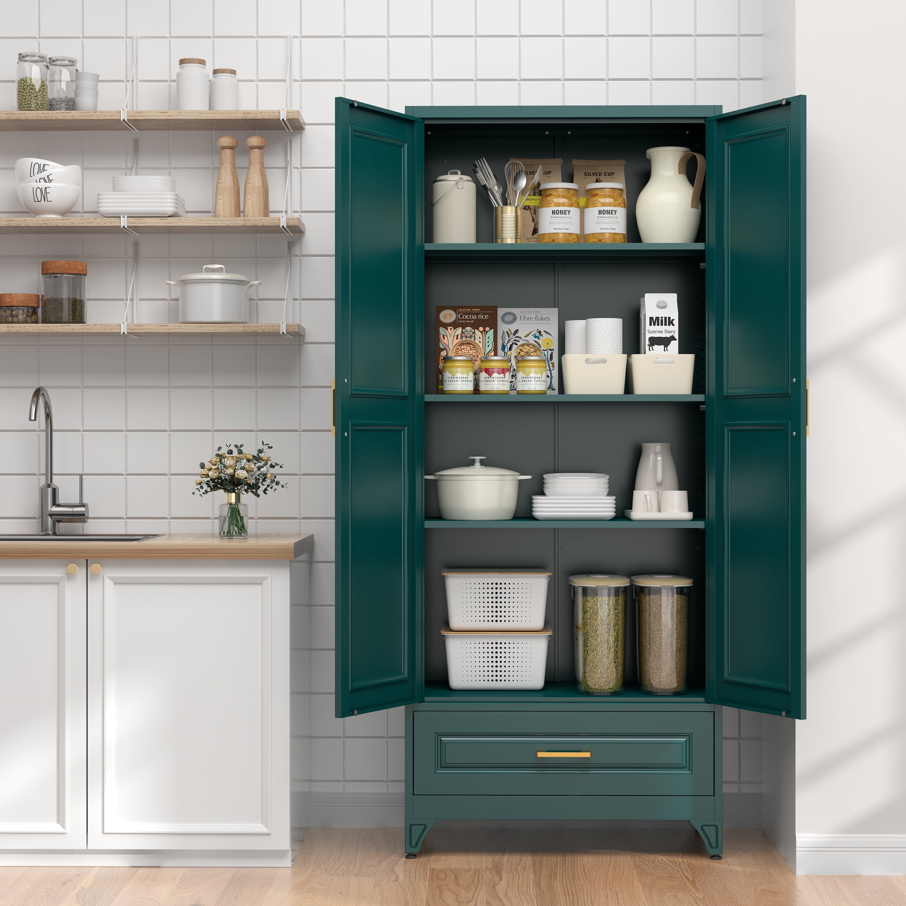Polup 75"H Kitchen Pantry Cabinet with Drawer, Green Metal Storage Cabinets with Doors, Kitchen Pantry Cabinet, Adult, Food Cupboard with Doors