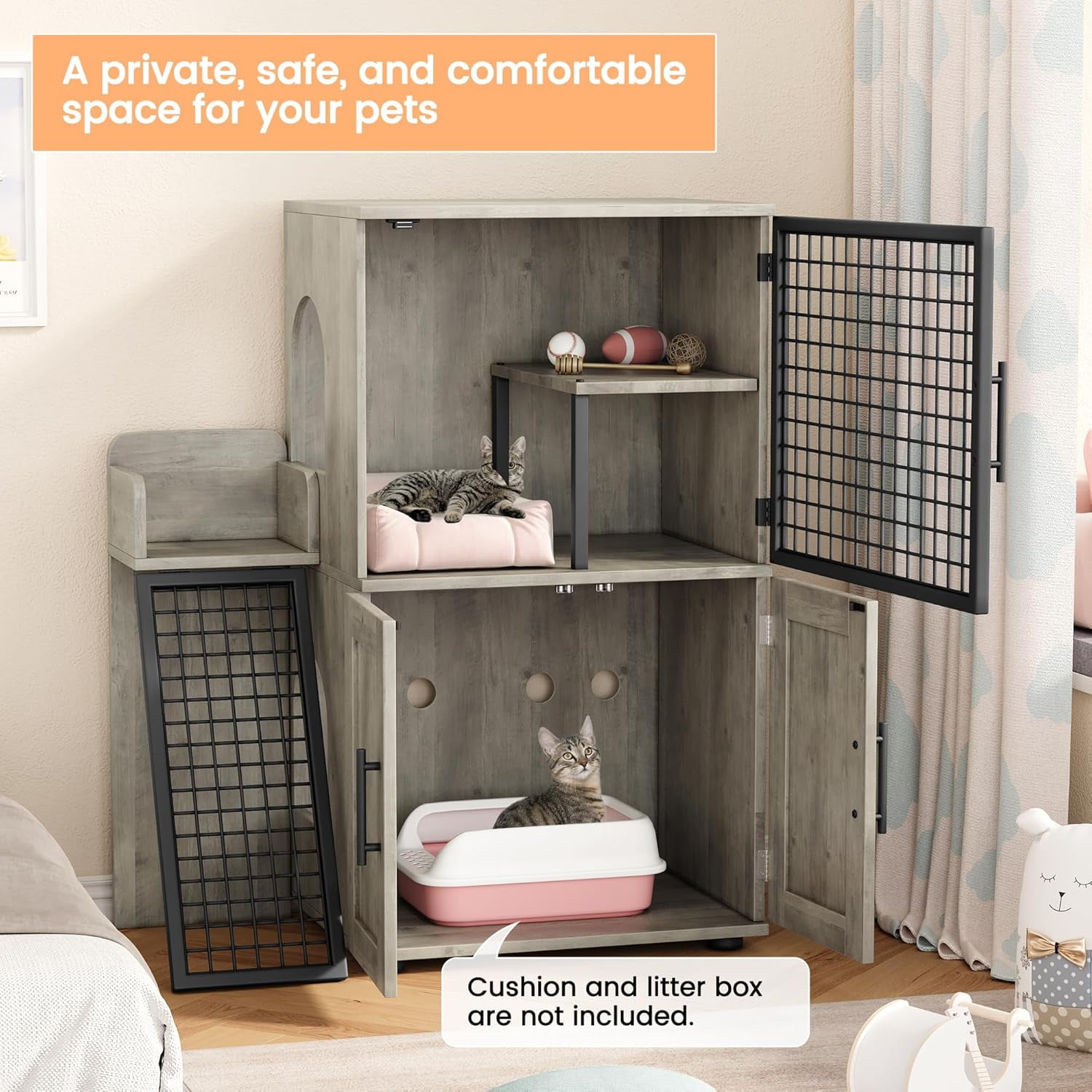 Easy Shopping Modern Cat Litter Box Enclosure – Dual Layer Hidden Cat Washroom with Sturdy Ladder, Ideal Cat Cabinet for Indoor Cats in Gray