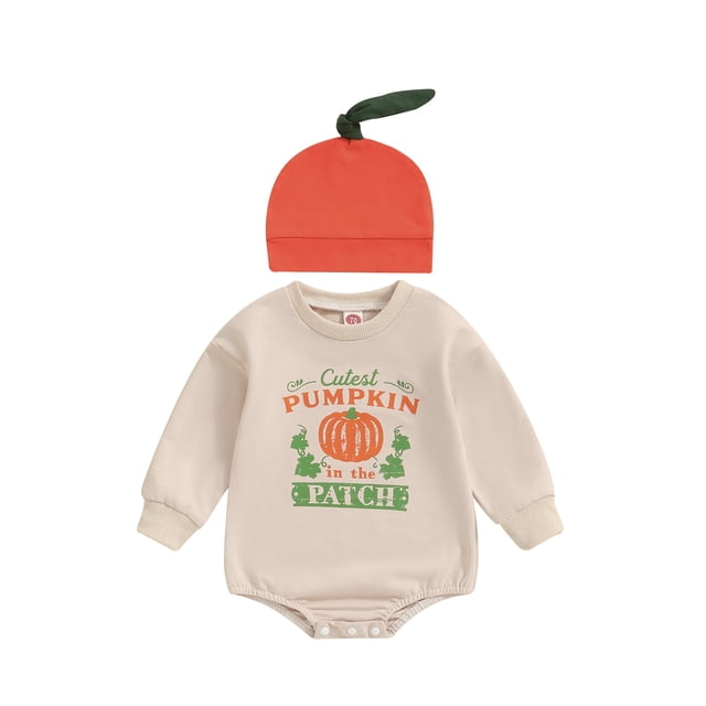 Gupgi Baby Boys Autumn Outfit 2Pcs Halloween Clothes Long Sleeve Crew Neck Letters Pumpkin Print Romper with Pumpkin Hat