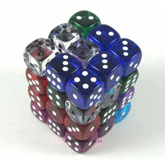 Assorted Transparent Deluxe Dice with Pips D6 12mm (1/2in) Pack of 36 Koplow Games
