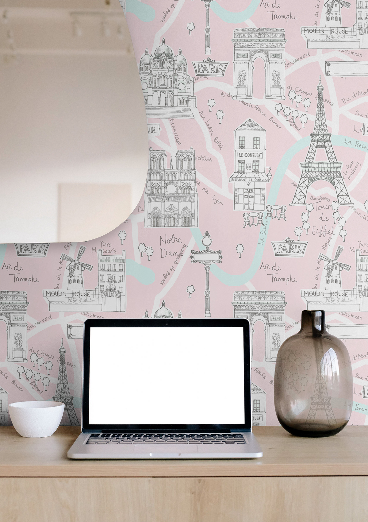 NextWall  Paris Scene Peel and Stick Wallpaper 20.5 in. W x 18 ft. L - Pale Pink