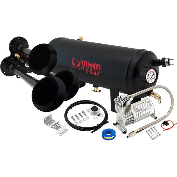 Vixen Horns Train Horn Kit for Trucks/Car/Semi. Complete Onboard System- 150psi Air Compressor, 1.5 Gallon Tank, 3 Trumpets. Super Loud dB. Fits Vehicles like Pickup/Jeep/RV/SUV 12v VXO8715/3114B