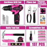 ThinkLearn Pink Drill Set for Women, 137 Piece Hand and Power Tool Set with 12V Cordless Drill