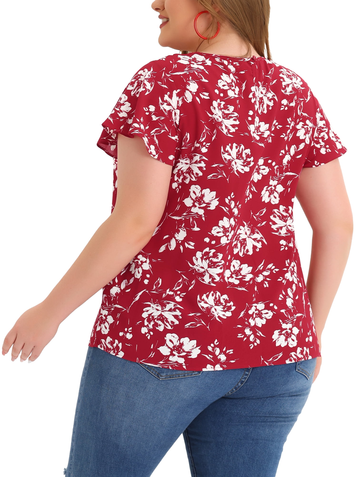 Unique Bargains Women's Plus Size Flared Sleeves Lace Panel Floral Tee 4X Burgundy