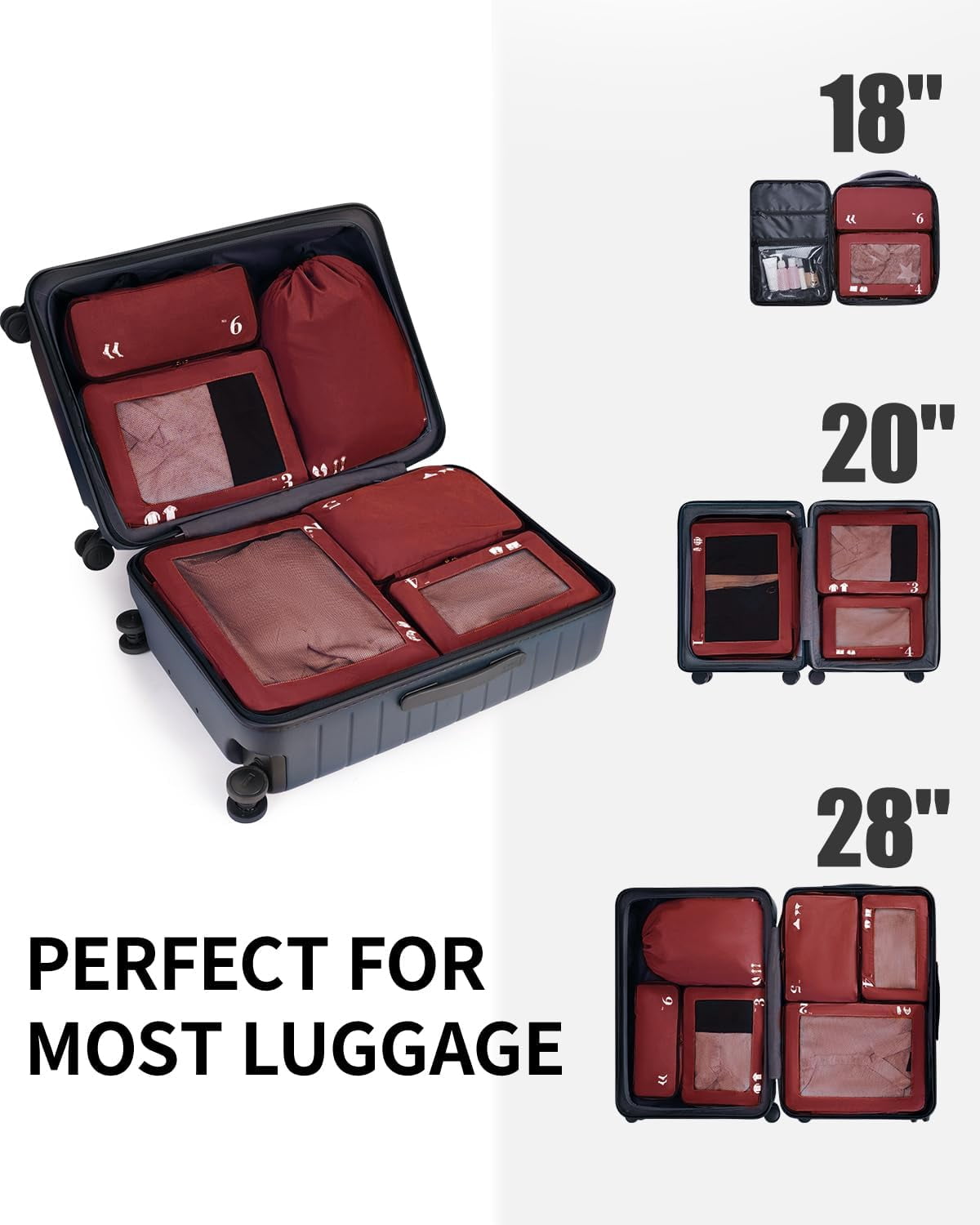 WANDF 7 Set Compression Packing Cubes Travel Accessories,Tear-Resistant Luggage Packing Organizers with Number Icon, Machine Washable Suitcase Packing Cubes for Travel,Airplane,Camping(Red Bag)