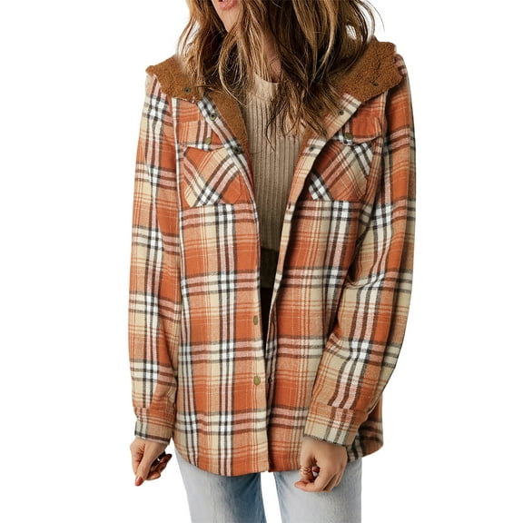 Women's Casual Orange Plaid Pattern Sherpa Lined Hooded Shacket - [ZhiHiMeRi] | (US 4-6)S