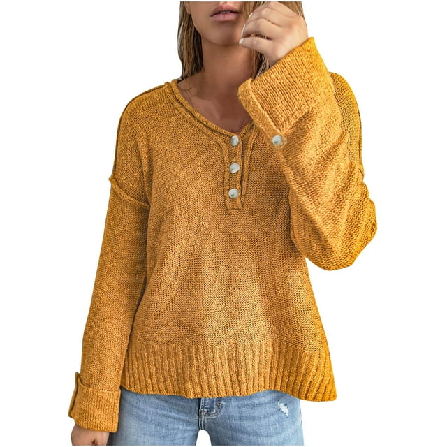IROINID Women's V-Neck Pullover Sweater Solid Color Comfy Short Length Long Sleeve Button Knit Sweater Coat
