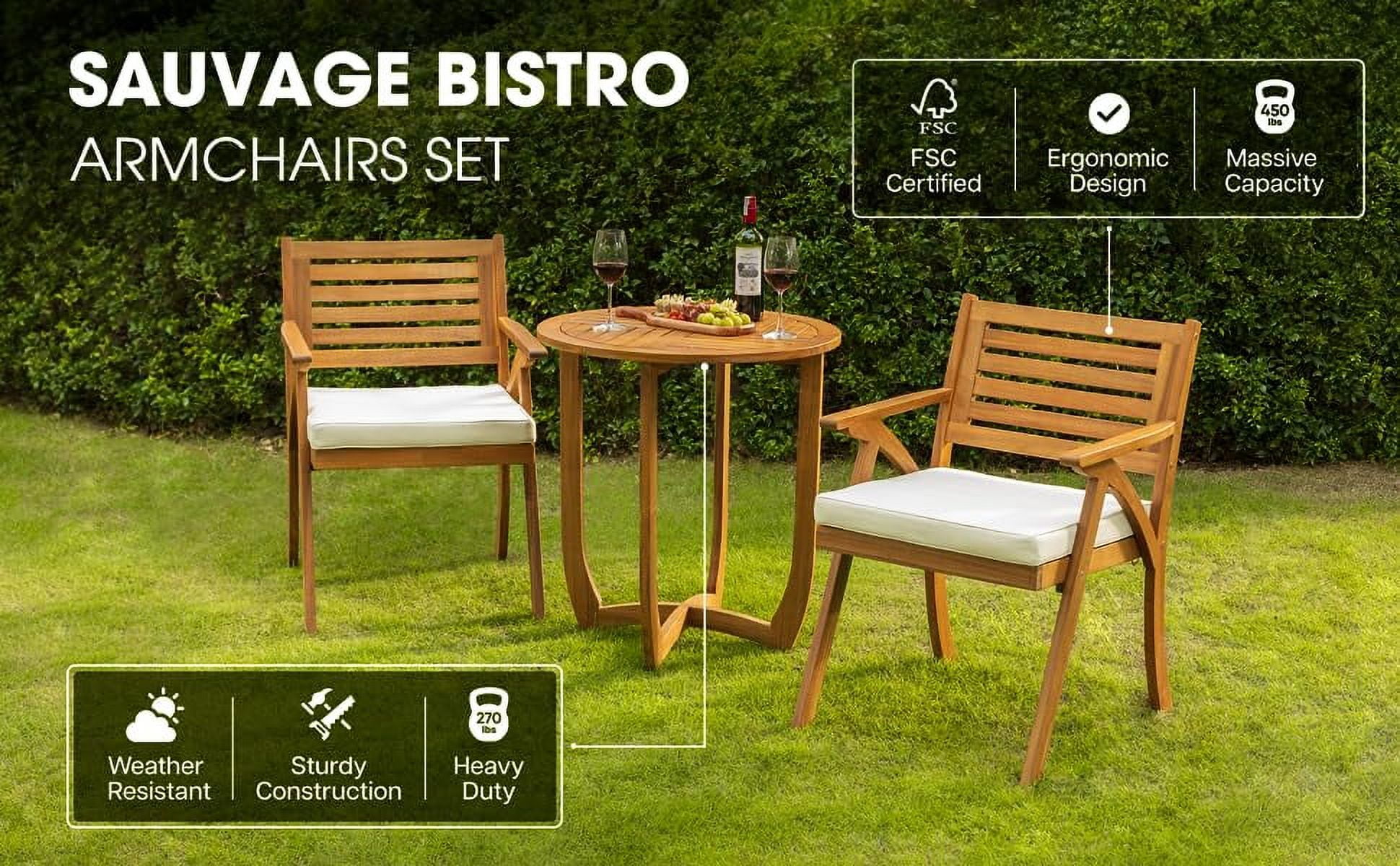 Patio Bistro Folding Sets, 1 Square Table with 2 Cushion Chairs, FSC Acacia Wood, Morning Sand