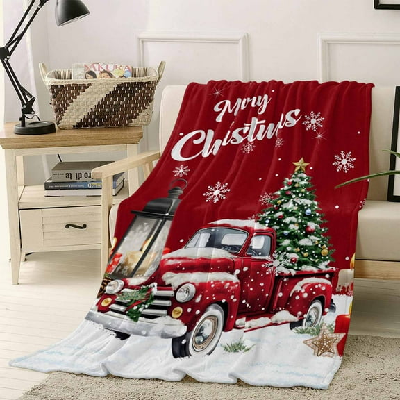 Christmas Tree Truck Throw Flannel Blanket 50x60In Winter Candle Snowflakes Red Super Soft Cozy Bed Blanket, Lightweight Plush Fuzzy Bed Throw for Bedroom Sofa Couch Living Room