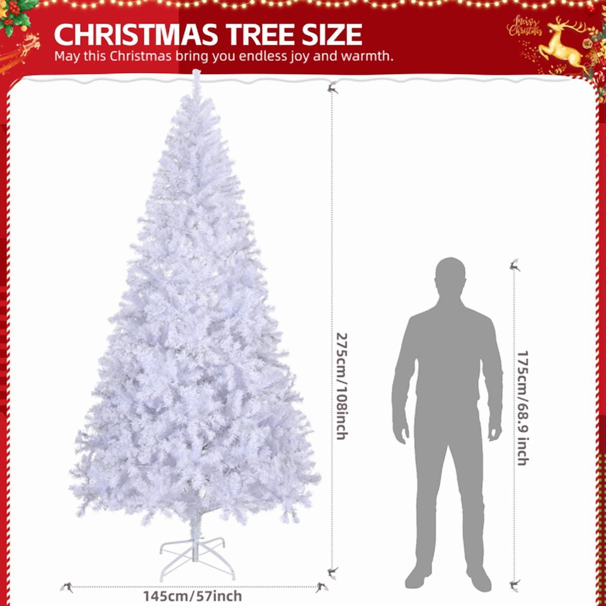 9FT Pre-Lit White Christmas Tree, 2000 PVC Branch Tips, 650 Cold White LEDs, Sturdy Iron Stand, Flame-Retardant Artificial Holiday Centerpiece