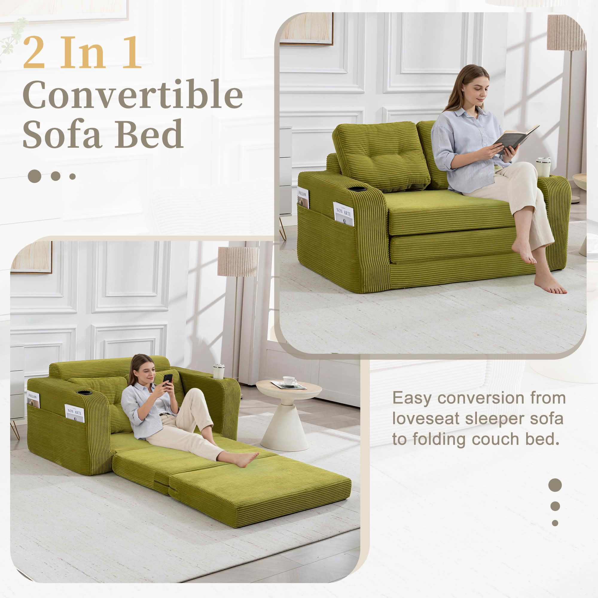 MAYEERTY 2-in-1 Convertible Expandable Sofa Bed, Fold Out Corduroy Floor Couch with Pillows, Side Pockets & Cup Holders for Bedroom Small Living Room