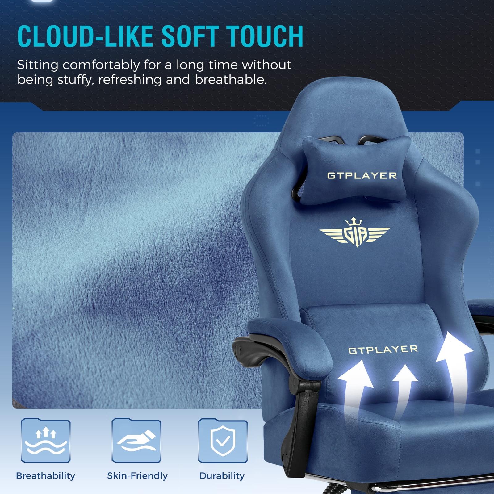 GTPLAYER Big & Tall Fabric Swivel Gaming Office Chair with Pocket Spring Cushion and Footrest, Blue