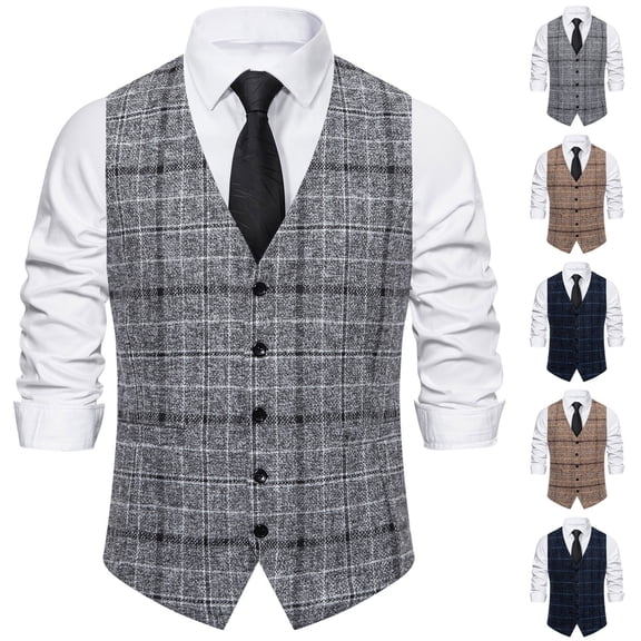 VBTAPA Mens Slim Fit Suit Vest Plaid Waistcoat Business Formal Vests Wedding Prom Casual Tuxedo Wear Dark Blue L