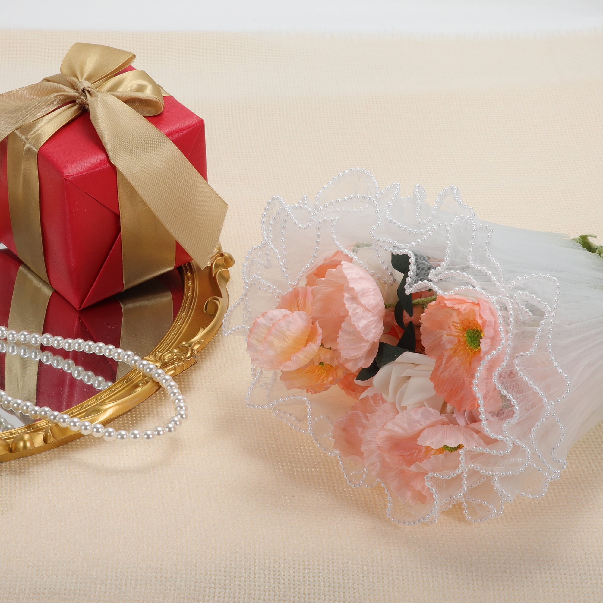 Unique Bargains Faux Pearl Edge Wrinkled Flower Wrap for All Occasions White