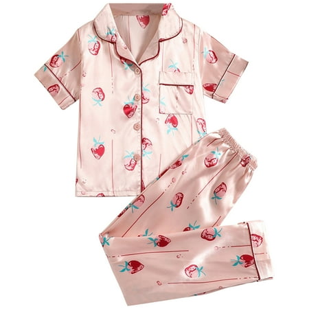 

Yedhsi 2Pcs Satin Silk PJs Sleepwear Boys Girls Pajama Set Cute Flower Printed Shirt Tops with Pants Set
