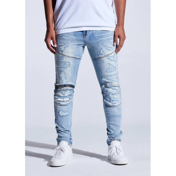 Crysp Denim Men's Bart Moto Distressed Rips Skinny Fit Stretch Denim Jeans (30, Light Blue)