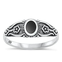 CHOOSE YOUR COLOR Black Simulated Agate Oxidized Flower Ring .925 Sterling Silver Band CZ Female Size 7