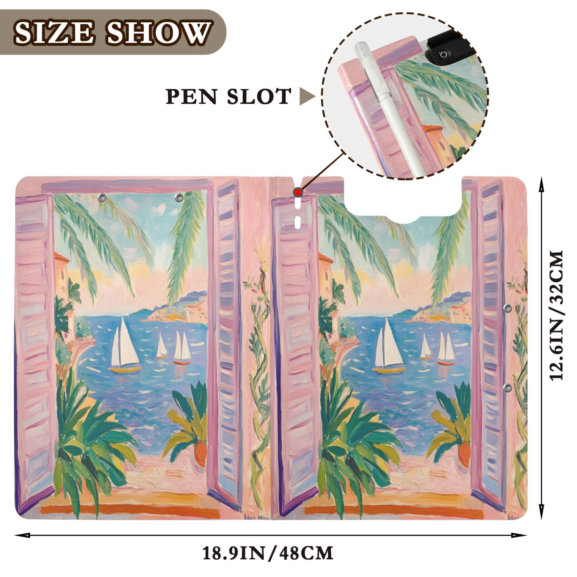 FORMRS A4 Clipboard Folder with Pen Holder Horizontal Foldable School Office Binder, Pink Seaside Boat