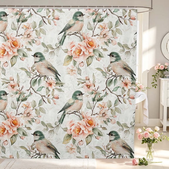 Erosebridal Kawaii Bird Wildlife Shower Curtain 72Wx72L,Lovely Flowers Bathroom Curtain,White Gray