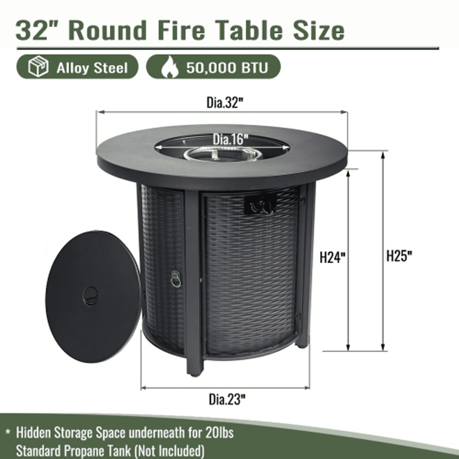 HONEY HOME 32" Round Propane Fire Pit Table, 50,000 BTU Steel Gas Fire Pit for Outdoor, Fire Table with Lid for Patio Deck Garden Backyard, Black.