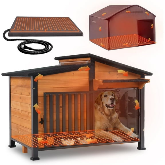 MEDEHOO Large Heated Dog House Outdoor Insulated Dog Kennel Weatherproof with Safe Heating Pad, Chew-Proof Metal Frame, Rotatable Spill-Proof Bowl for Large Dog Breeds, 39.7" L x 25.5" W x32.2 H