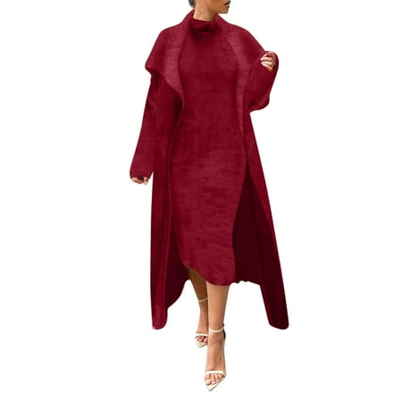 

EUMODR Pajamas for Women Skirts for Plus Size Women Autumn And Winter Dress Jacket Two Piece Loose Belt Long Cardigan Suit