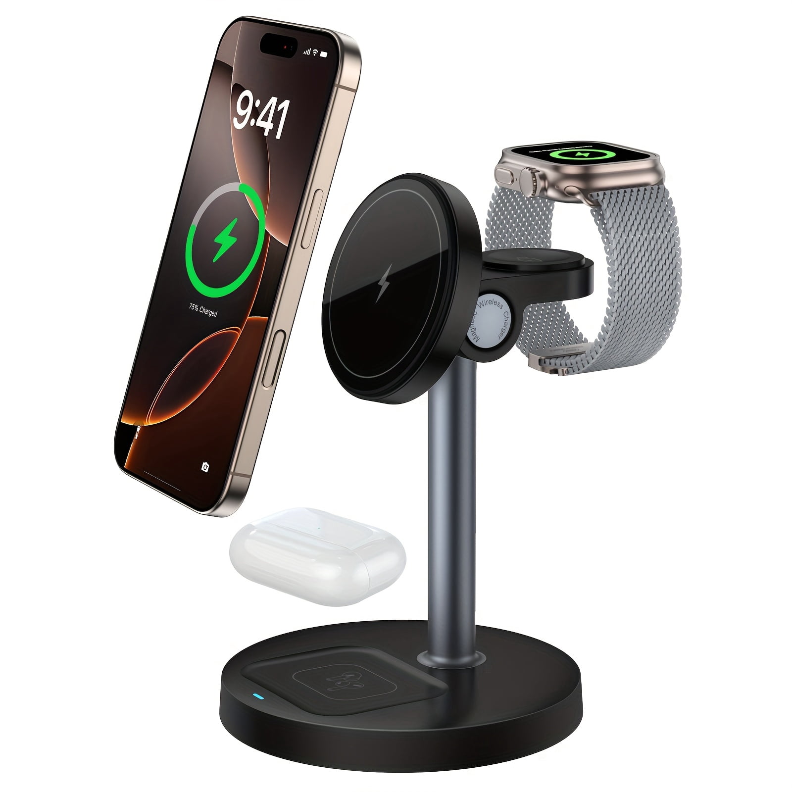 YIYUN 3-in-1 Magnetic Wireless Charger Stand – Cooling, Adjustable, for iPhone, Apple Watch & AirPods (White).