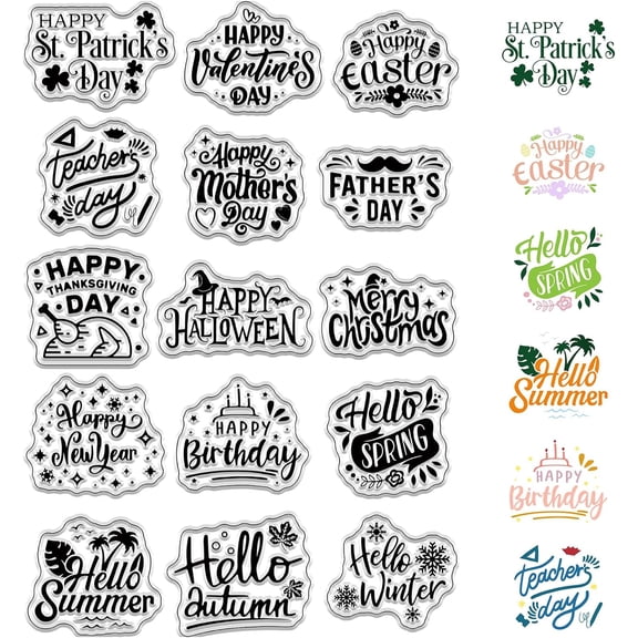 Words Clear Stamps Happy Birthday Different Holiday Wishes Merry Christmas Reusable Retro Transparent Silicone Stamp Seals for Journaling Card Making Photo Album Decorative DIY Mixed Color