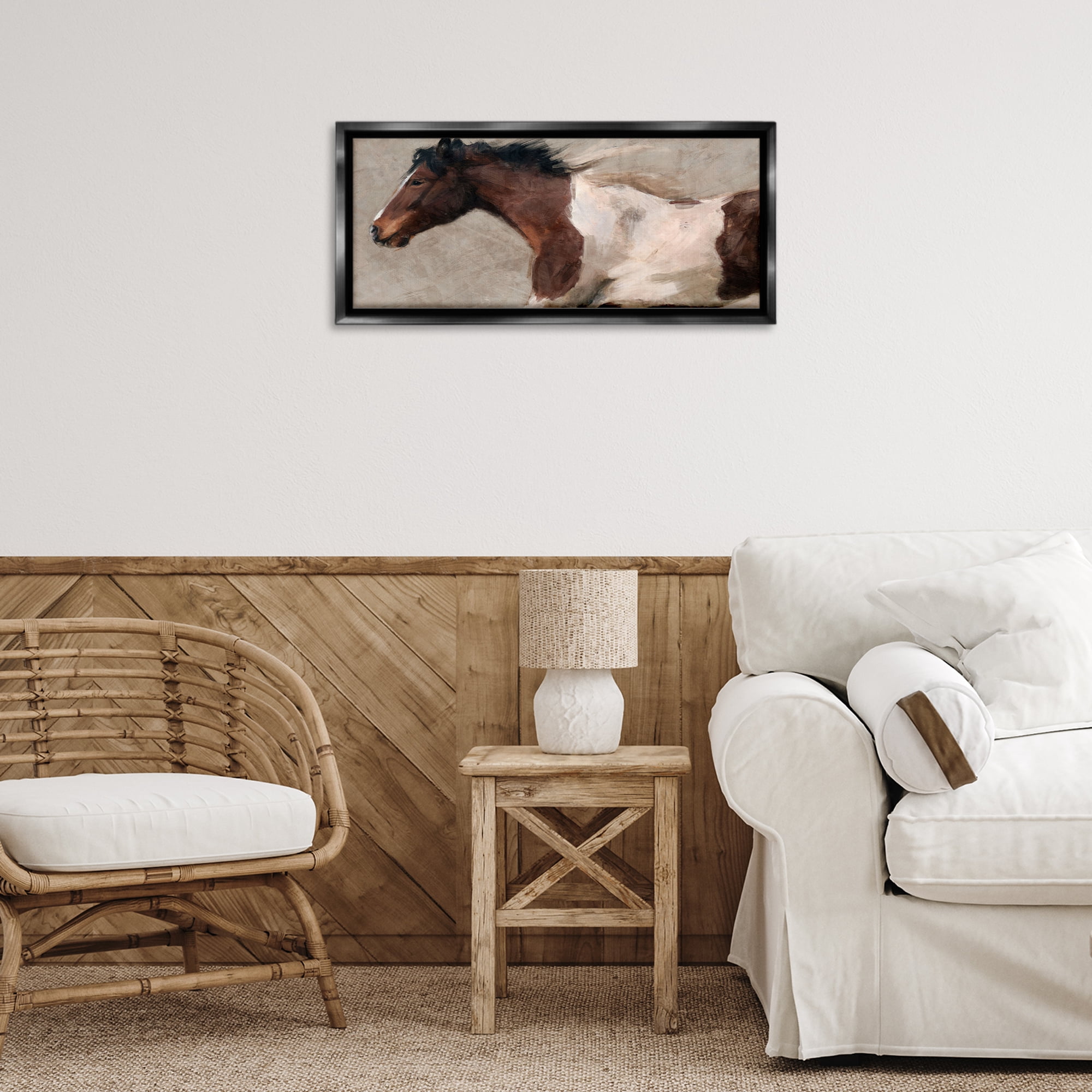 Stupell Industries Dashing Brown Horse Animals Painting Black Floater Framed Canvas Art Print Wall Art, 25 x 11