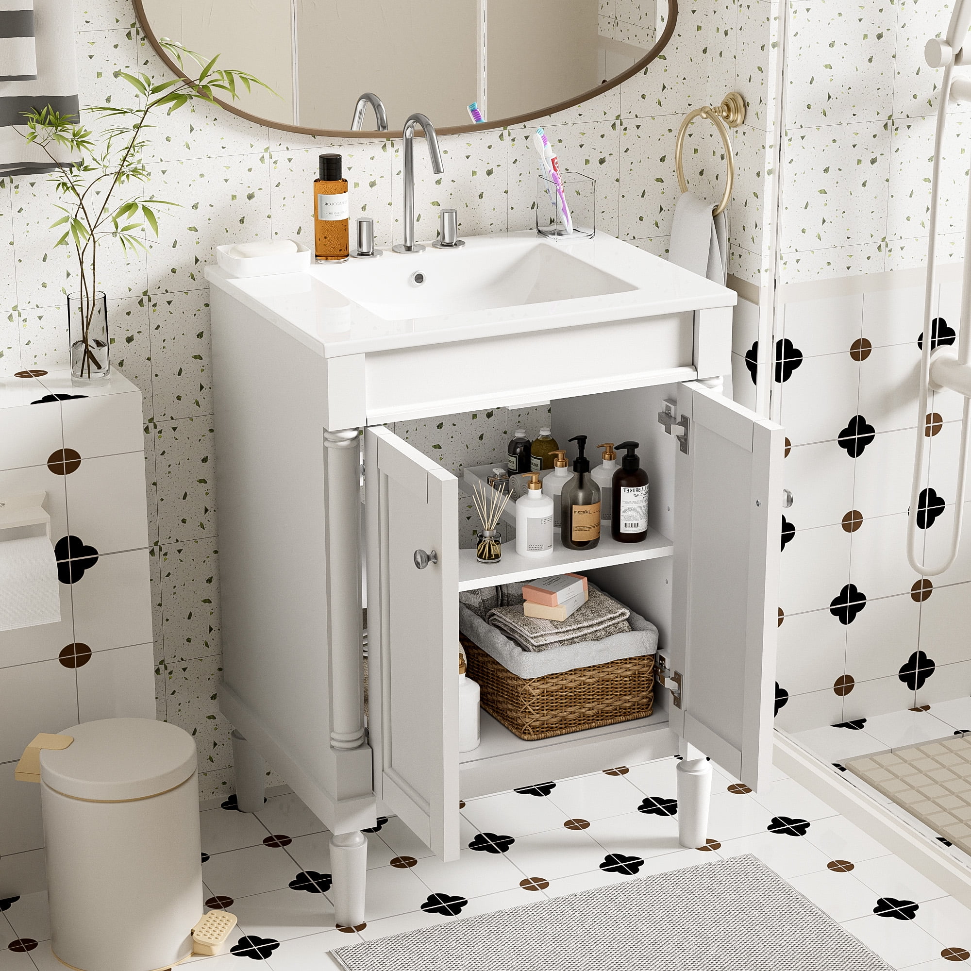 Euroco Modern Bathroom Vanity with Hole Basin, Dual Storage Shelves, and Enclosed Cabinet Design