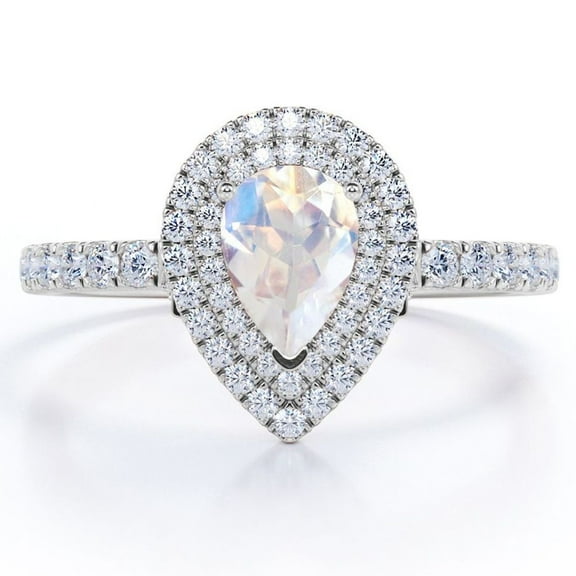 JeenMata Double Halo 1.75 Carat Pear Shape Genuine Moonstone and Moissanite Pave Accented Engagement Ring in 18K White Gold Plating over Silver