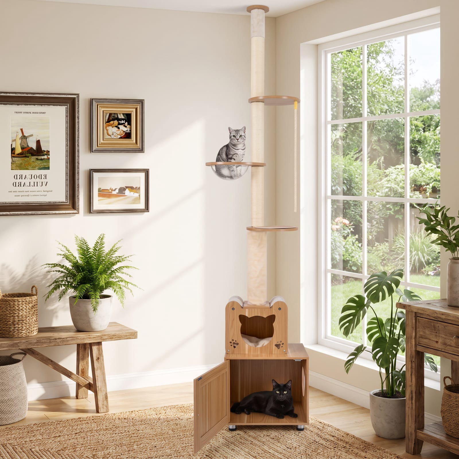 Vebreda Floor-to-Ceiling Cat Tree with Hidden Litter Box Enclosure, Adjustable Cat Tower with Condo, Sisal Scratching Posts, 101-108.5 Inch, Brown