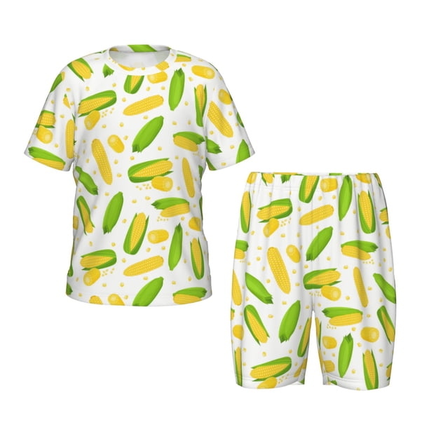 Fotbe Cartoon Corn Pijama Estampada de 2 Piezas para Niños – Ropa de Dormir de Manga Corta Cómoda para Niños y Niñas, Camiseta y Shorts de Algodón-Small