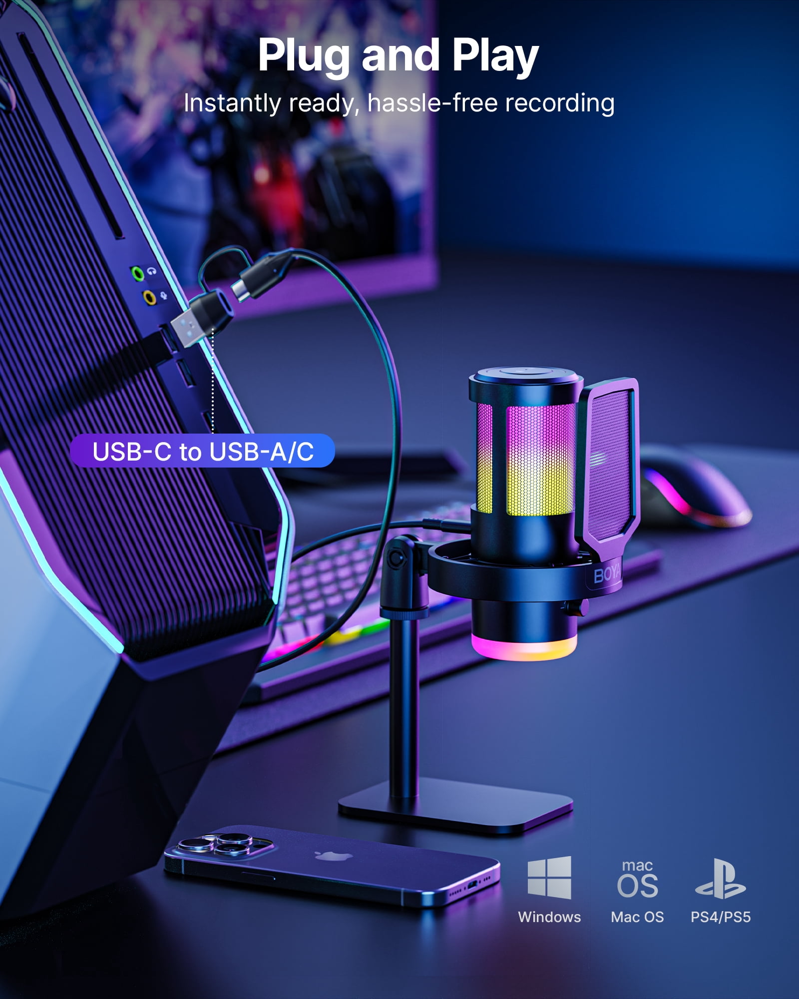 BOYA USB Gaming Microphone for Windows, MasOS, Andriod, iOS, PS4, PS5, Streaming Microphone with 9 RGB, 3.5mm Headphone, Gain Knob, Mute Button, DSP Noise Reduction, (with Desktop Stand )