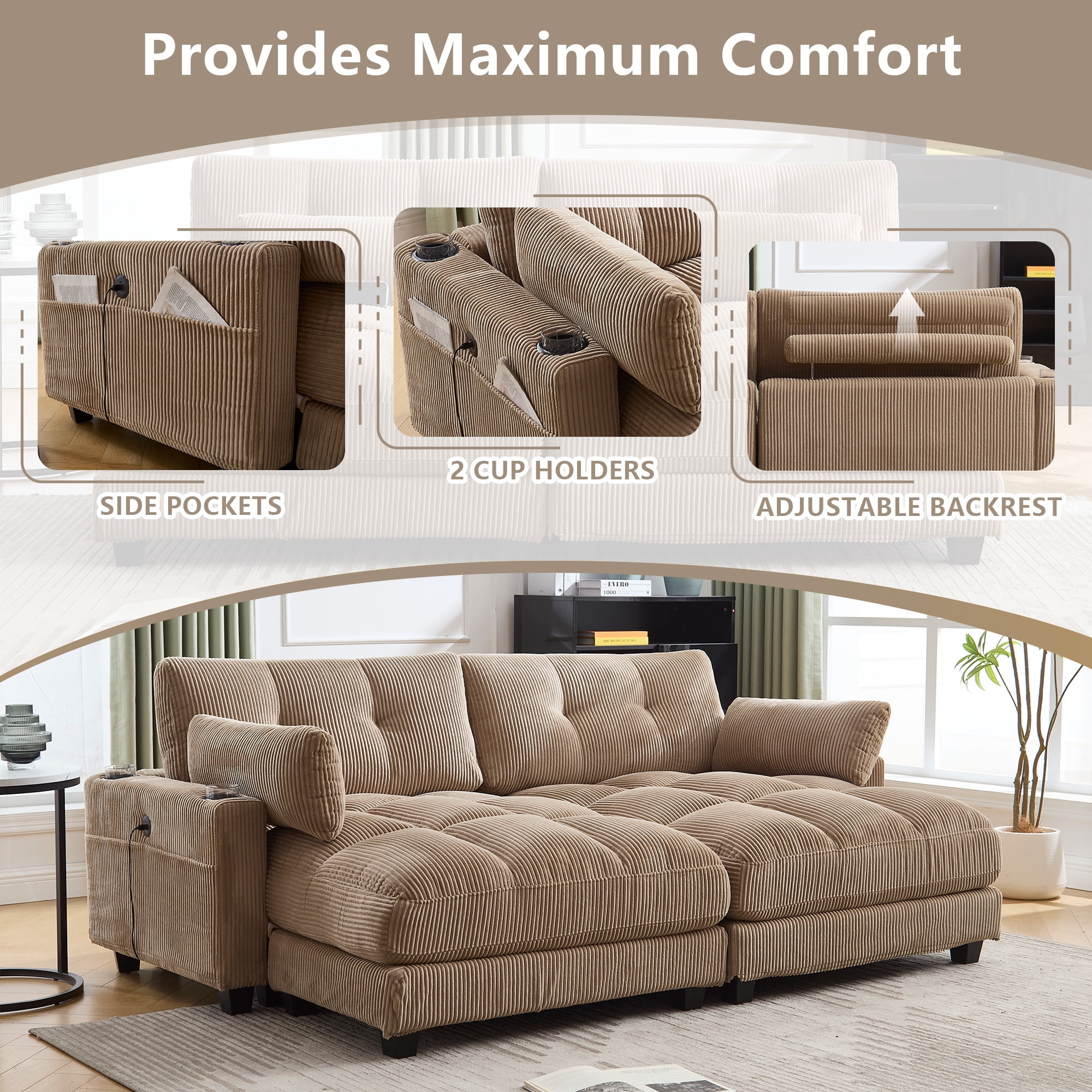 MOONMISS Corduroy Upholstered Soft Deep Seat Sleeper Loveseats Sofa with USB,Type-C&Cup Holders-Khaki